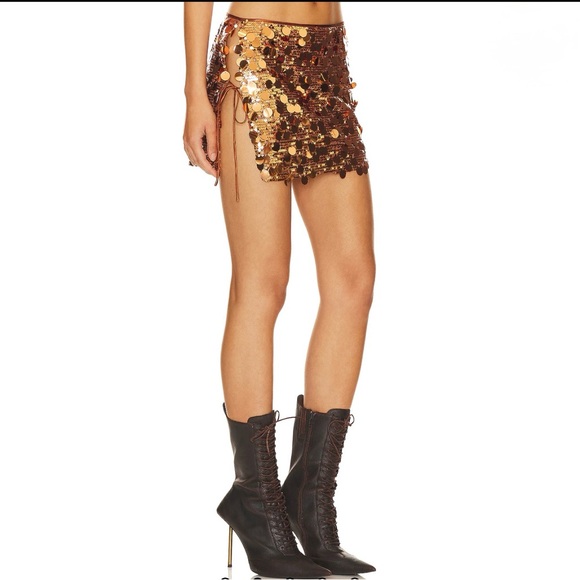 Sequin Mini Skirt Bronze Metallic Side Tie Festival Party NWT Size S Lioness - Picture 2 of 8